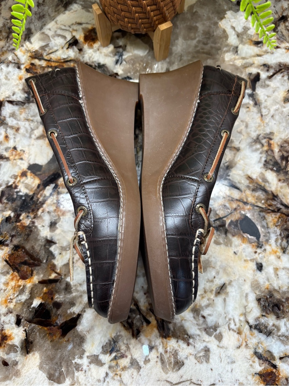 Sperry Dark Brown Textured Leather Moccasin Wedges with Tan Bow - Picture 8 of 9